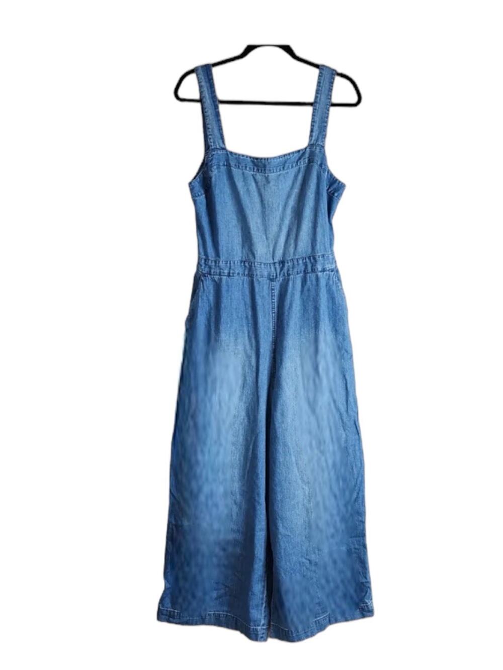 Madewell Denim Apron Bow Back Jumpsuit Romper Size 4 Crop Chambray Wide Leg